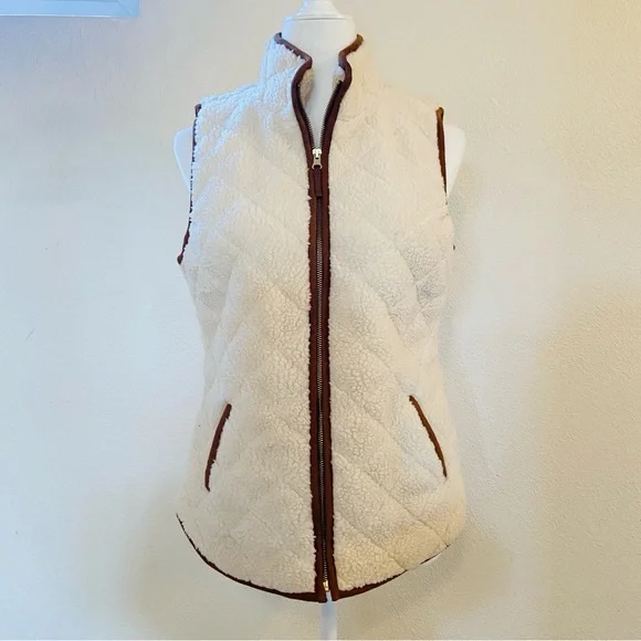 Old Navy Cream Sherpa Vest with Brown Trim - Picture 3 of 10